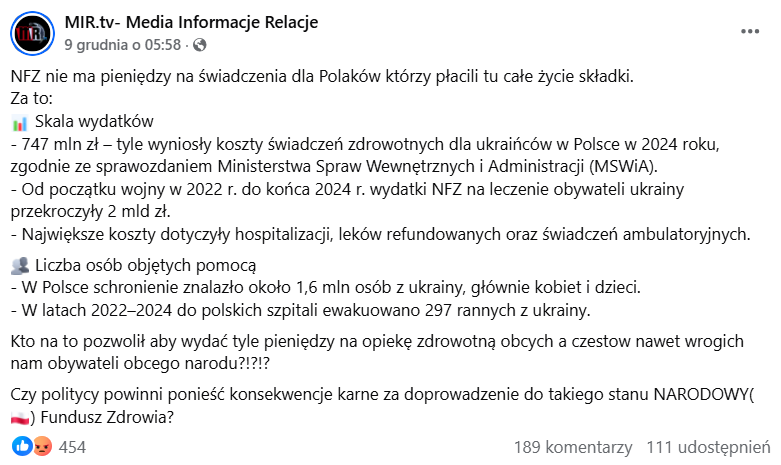 Zrzut ekranu z platformy Facebook, gdzie pojawiają się zarzuty dotyczące świadczeń NFZ. 