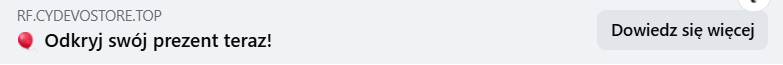 Zrzut ekranu z platformy Facebook, gdzie pojawia się pasek z ukrytym linkiem do rzekomego „odkrycia prezentu”. 