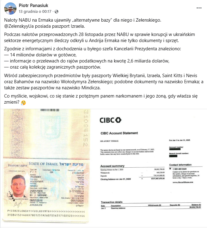 Zrzut ekranu z platformy Facebook, gdzie pojawia się grafika rzekomego izraelskiego paszportu Wołodymyra Zełenskiego. Po prawej stronie natomiast ma znajdować się dokument dotyczący konta bankowego Andrija Jermaka. 