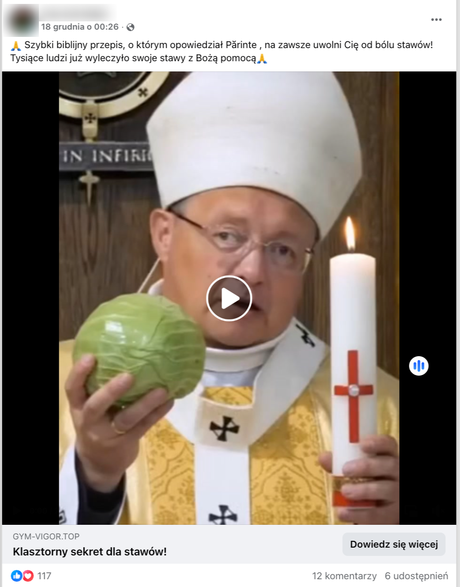 Zrzut ekranu posta na Facebooku. W kadrze widać kardynała Grzegorza Rysia. W rekach trzyma kapustę i zapaloną świecę.