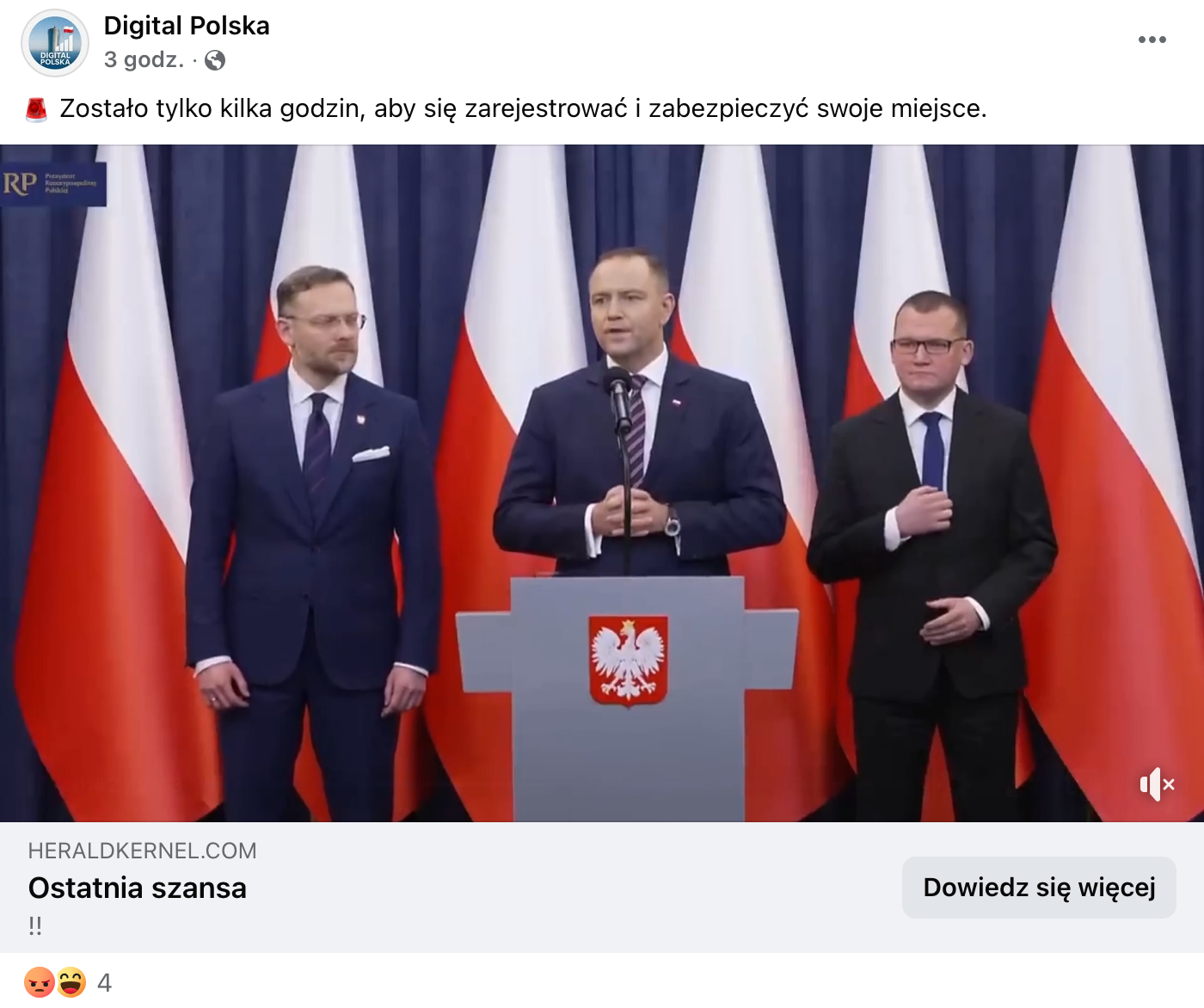 Zrzut ekranu z wpisu opublikowanego na Facebooku. Pod tekstem: „Zostało tylko kilka godzin, aby się zarejestrować i zabezpieczyć swoje miejsce” znajduje się kadr z nagrania. Widać na nim prezydenta Karola Nawrockiego, po jego prawej stronie stoi Zbigniew Bogucki, a po lewej Paweł Szefernaker. Mężczyźni ubrani się w garnitury, wszyscy mają krawaty, stoją na tle polskich flag.