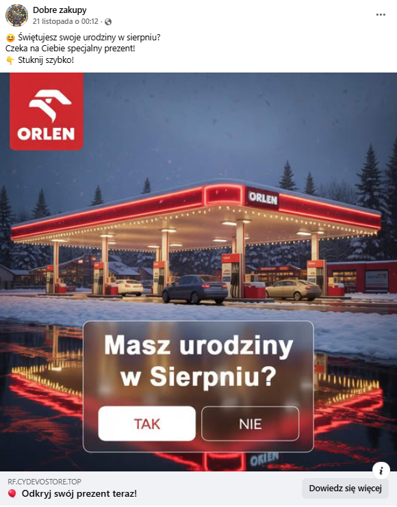 Zrzut ekranu z platformy Facebook, gdzie pojawia się grafika budynku stacji Orlen zimową porą.