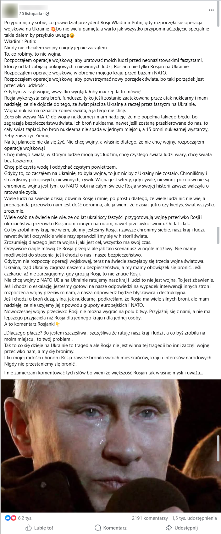 Zrzut ekranu z platformy Facebook, gdzie pojawia się wpis z fałszywym cytatem Władimira Putina. Na zdjęciu dołączonym do posta widzimy płaczącego prezydenta Rosji. 
