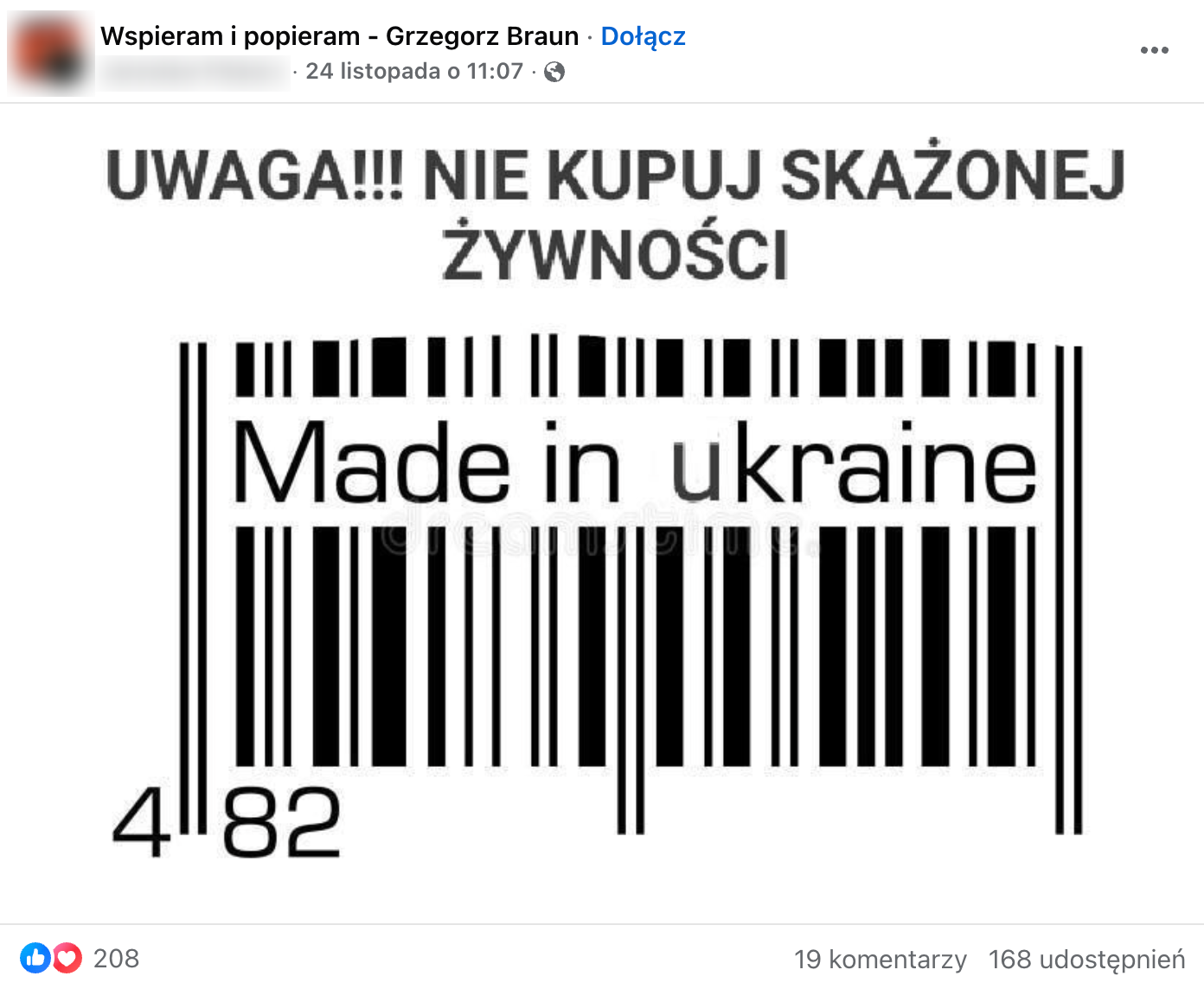 Zrzut ekranu posta na Facebooku: grafika przedstawia kod kreskowy i początkowe cyfry numeru: 482. 