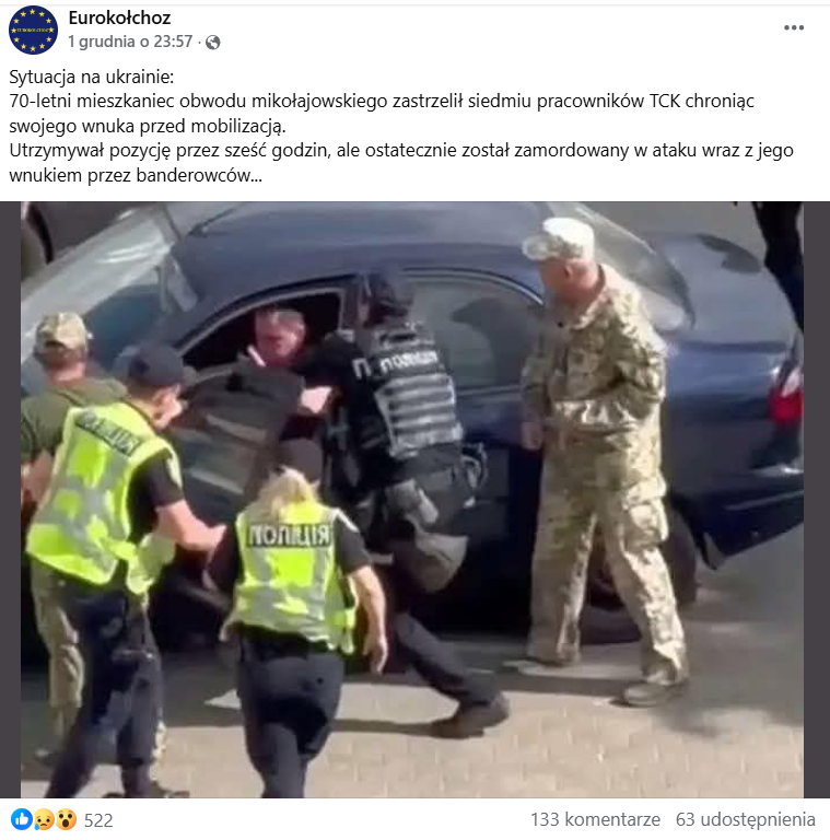 Zrzut ekranu z platformy Facebook, gdzie widać akcję zatrzymania przez służby mężczyzny w aucie. 