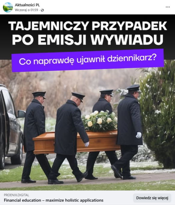Wpis na Facebooku ze zdjęciem trumny