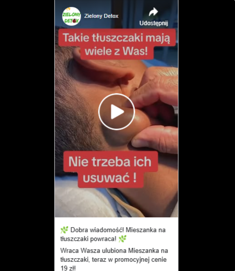Zrzut ekranu z wpisu na Facebooku, w którym reklamowano stosowanie mieszanki ziół na tłuszczaki.