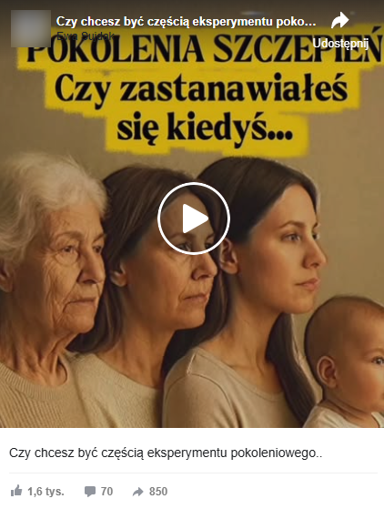 Zrzut ekranu kadru. Widzimy z nim grafikę kobiety na czterech etapach życia: niemowlaka, młodej i dojrzałej kobiety oraz seniorki. Patrzą w jedną stronę. Ponad nimi napis: „POKOLENIA SZCZEPIEŃ Czy zastanawiałeś się kiedyś…”.