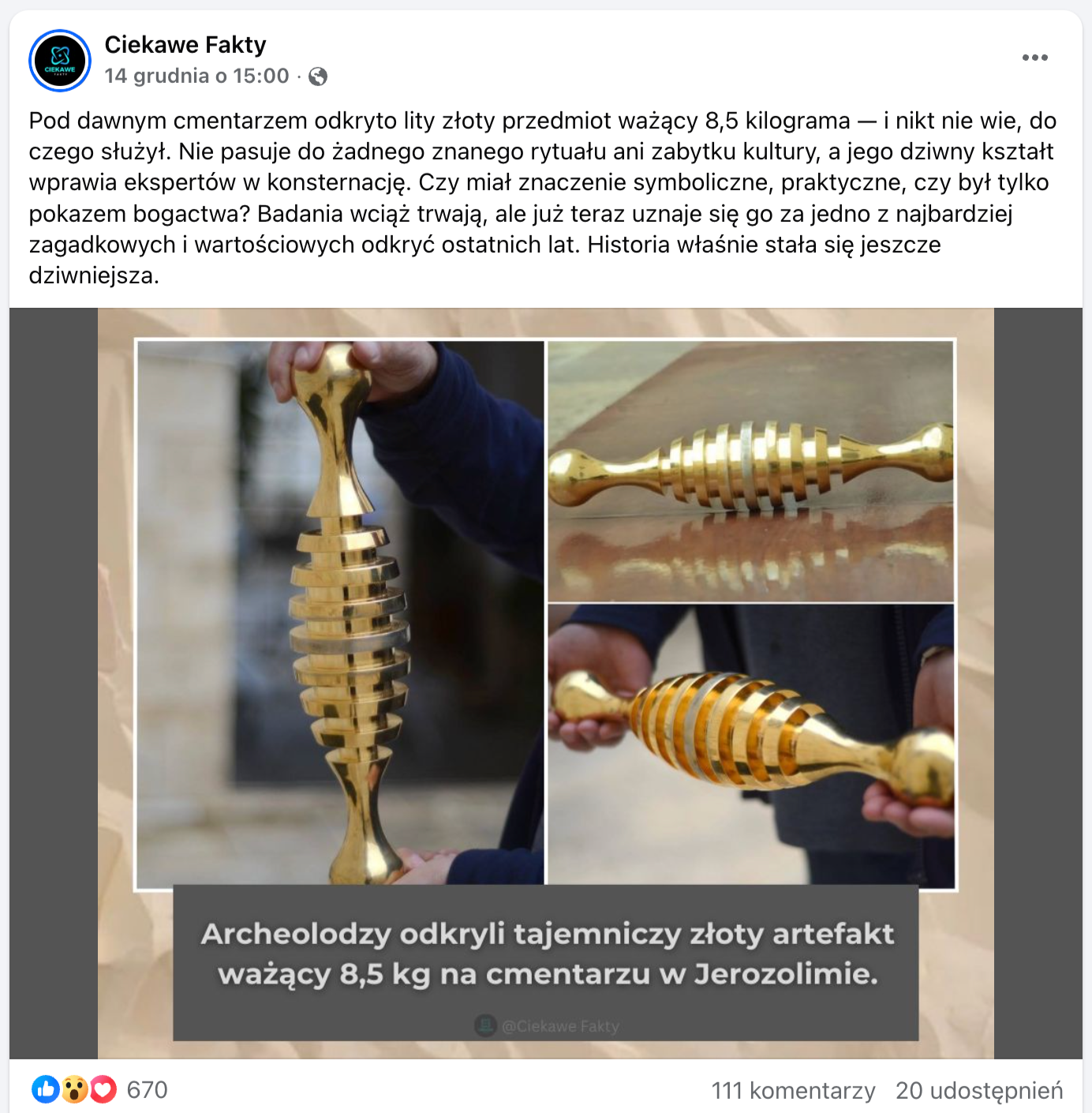 Zrzut ekranu posta na Facebooku. Na zdjęciu złoty przedmiot w kształtnie owalu z wyżłobionymi, głębokimi rowkami.