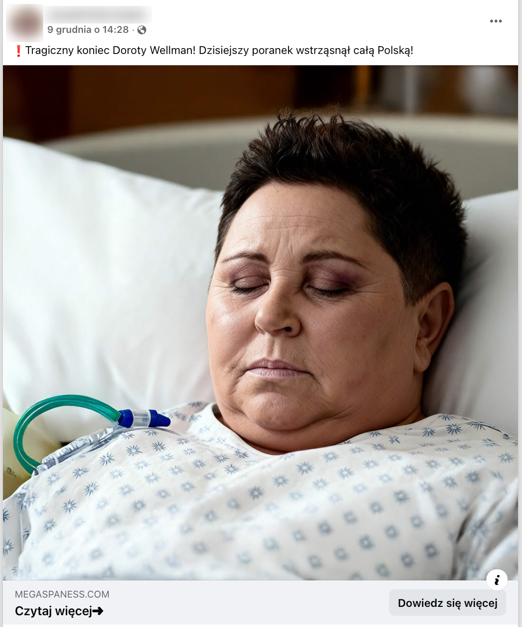 Zrzut ekranu posta na Facebooku. Na grafice widać Dorotę Wellman leżącą z zamkniętymi oczami w szpitalnym łóżku.