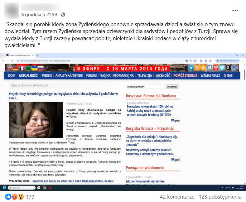 Zrzut ekranu z platformy Facebook, gdzie pojawia się przetłumaczony artykuł z propagandowego portalu Rosyjska Wiosna.