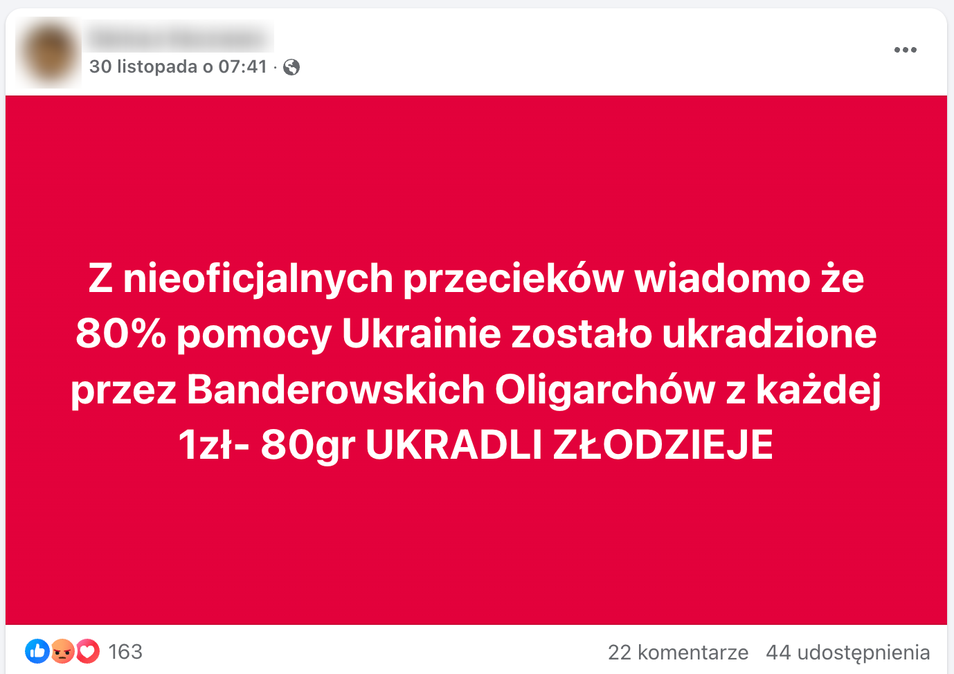 Zrzut ekranu omawianego posta. Dołączono do niego prostą grafikę: biały napis na czerwonym tle.