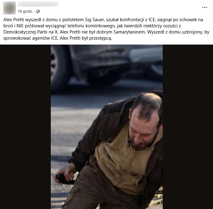 Zrzut ekranu wpisu z Facebooka. Na górze podpis i elementy interfejsu platformy, na dole wygenerowana grafika przedstawiająca klęczącego Alexa Prettiego z bronią w ręku.