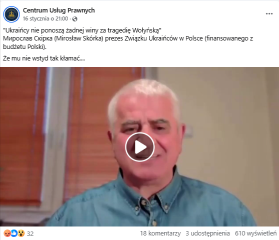 Wpis na Facebooku centrum usług prawnych z nagraniem rzekomej wypowiedzi Mirosława Skórki