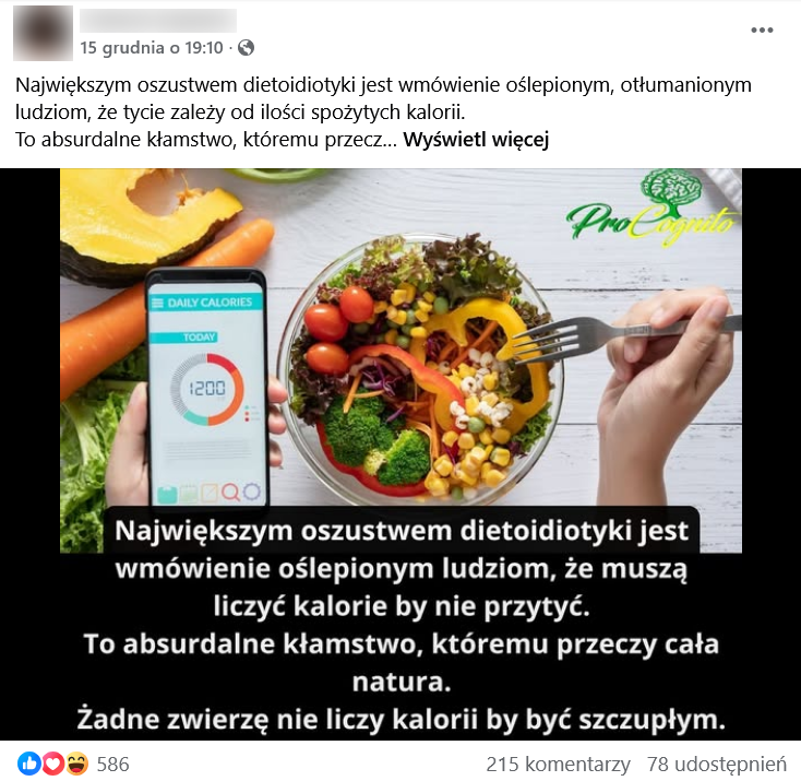rzut ekranu wpisu z Facebooka. Na górze podpis i elementy interfejsu platformy, na dole grafika przedstawiająca miskę warzyw na stole i podpis na czarnym tle.