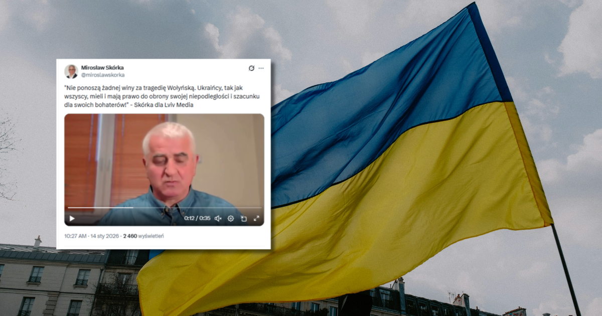 w tle flaga Ukrainy, zrzut ekranu z Facebooka