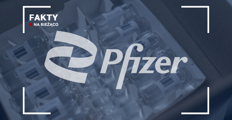 Grafika przedstawiająca logo Pfizer nałożone na zdjęcie dawek szczepionki