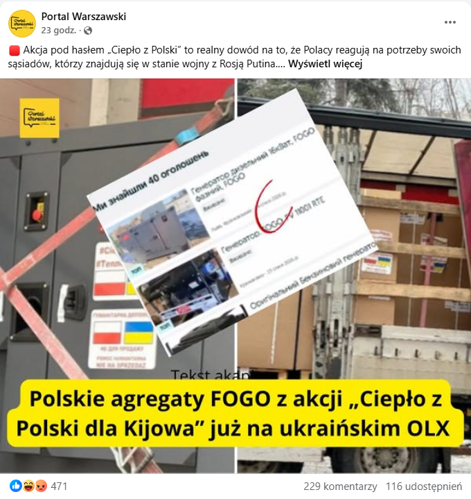 Wpis w serwisie Facebook. Opublikowało go konto Portal Warszawski. Dołączono do niego grafikę z napisem „Polskie agregaty FOGO z akcji Ciepło z Polski do Kijowa już na ukraińskim OLX