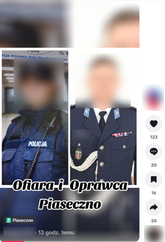 Zrzut ekranu z platformy TikTok, gdzie pojawia się zdjęcie kobiety oraz mężczyzny w mundurze wraz z podpisem „ofiara i oprawca Piaseczno”. 
