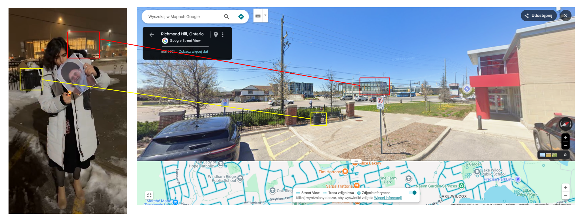  Klatka z nagrania i zrzut ekranu z map Google. Kolorowe strzałki łączą wspólne elementy.
