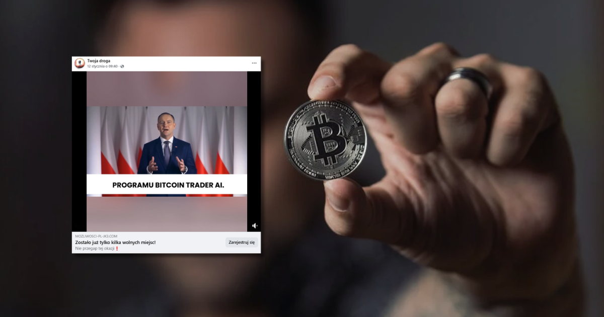 w tke osoba trzymająca srebrną monetę Bitcoin, zrzut ekranu z Facebooka