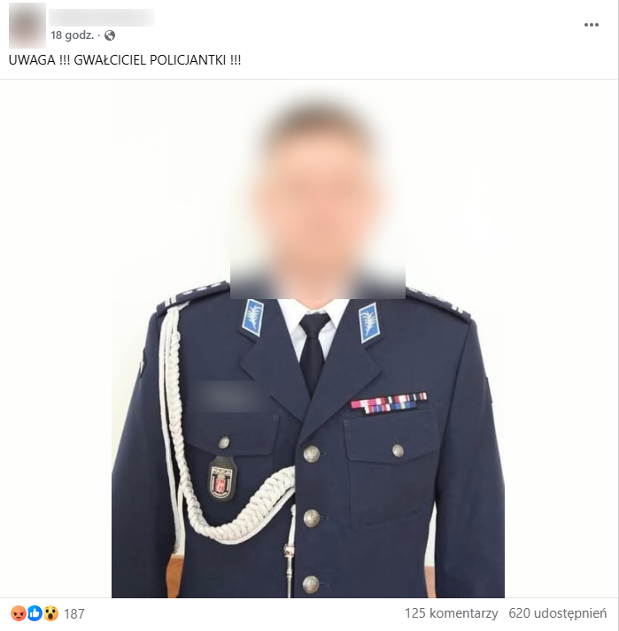 Zrzut ekranu z platformy Facebook, gdzie pokazano mężczyznę ubranego w policyjny mundur. 
