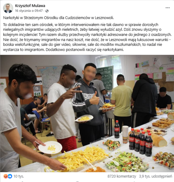  Wpis na Facebooku ze zdjęciem, na którym widać stół przykryty obrusem, zastawiony frytkami, sałatkami, kilkoma butelkami coli, a także innymi produktami