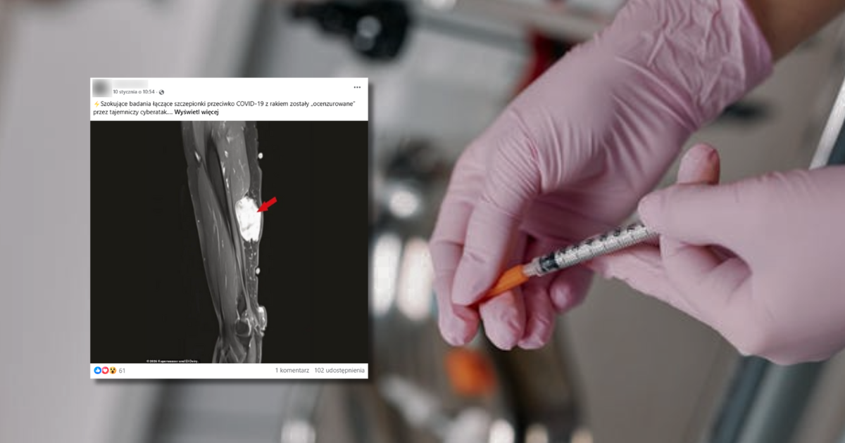 w tle dłonie trzymające strzykawkę, zrzut ekranu z Facebooka