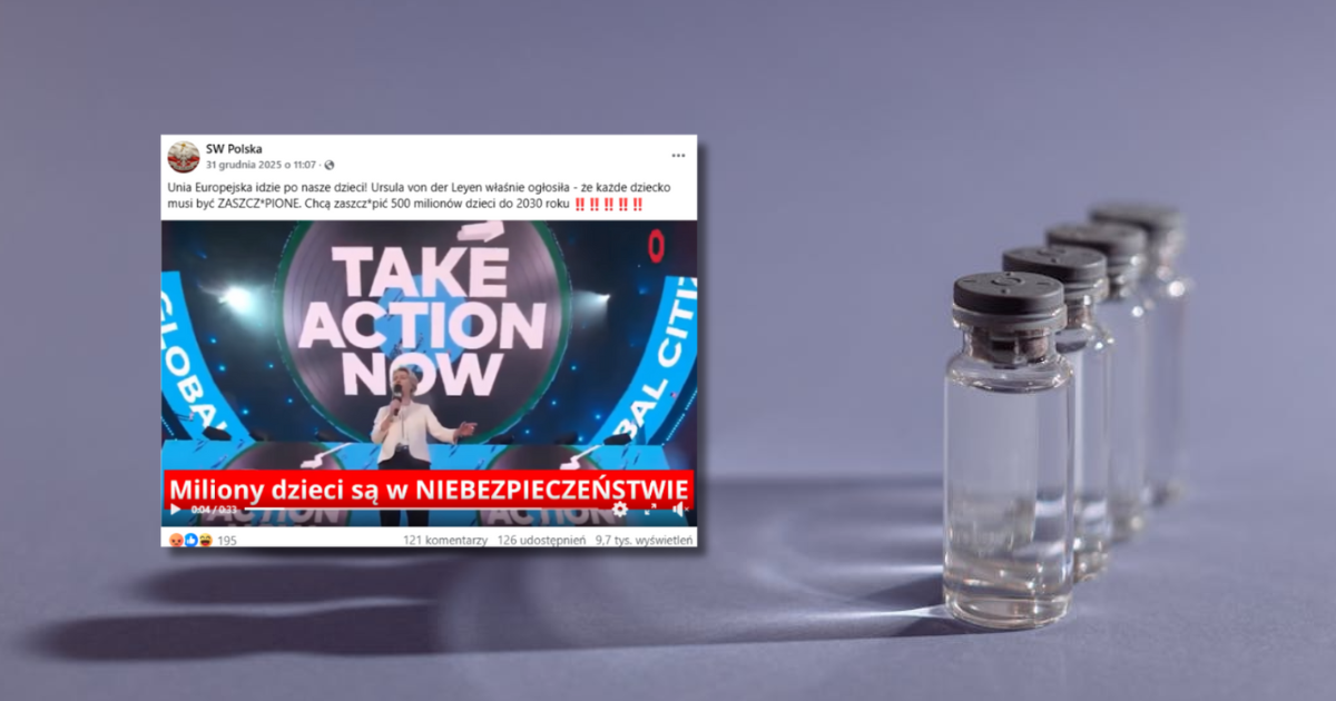 w tle fiolki z preparatem do szczepień, zrzut ekranu z Facebooka