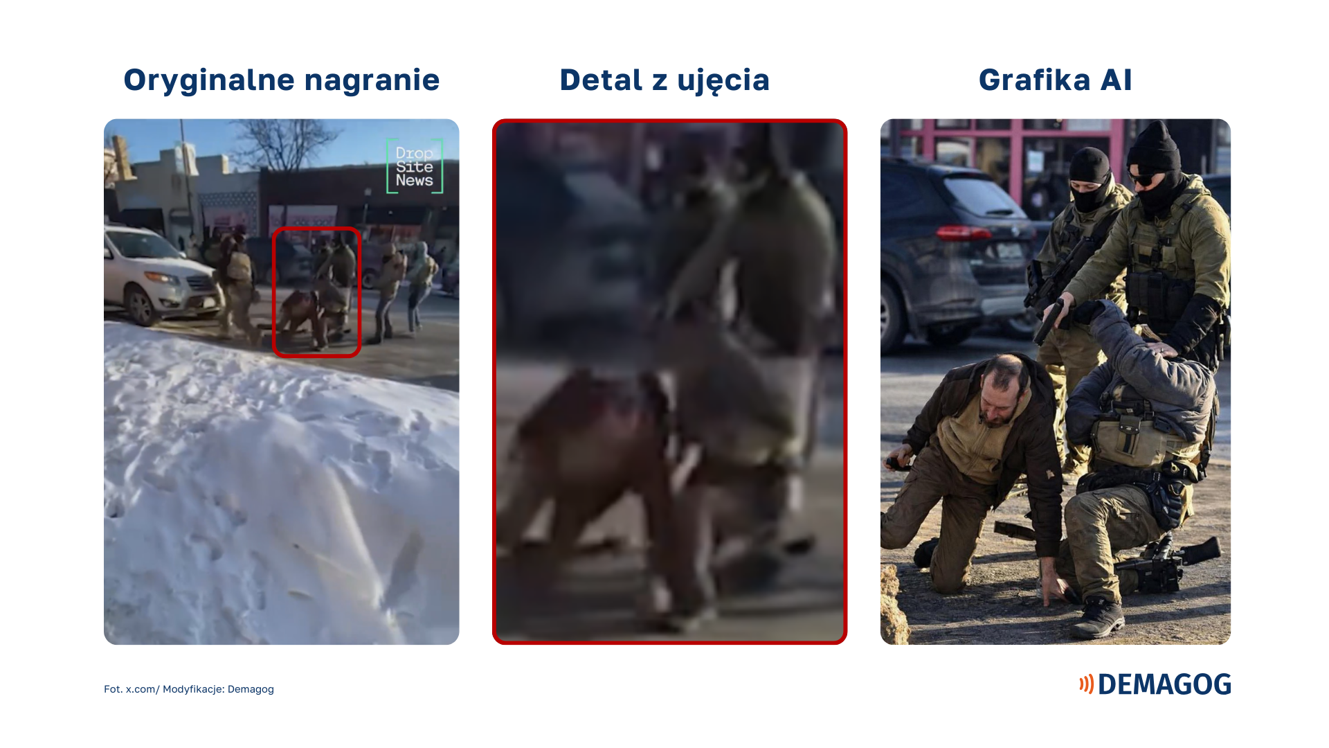 Grafika przedstawiająca porównanie oryginalnego ujęcia z nagrania, jej detalu i grafiki AI 