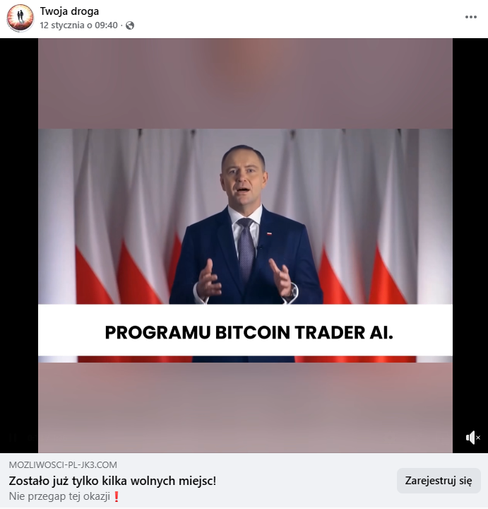 Zrzut ekranu z platformy Facebook, gdzie pojawia się wizerunek prezydenta Karola Nawrockiego na tle biało-czerwonych flag. 