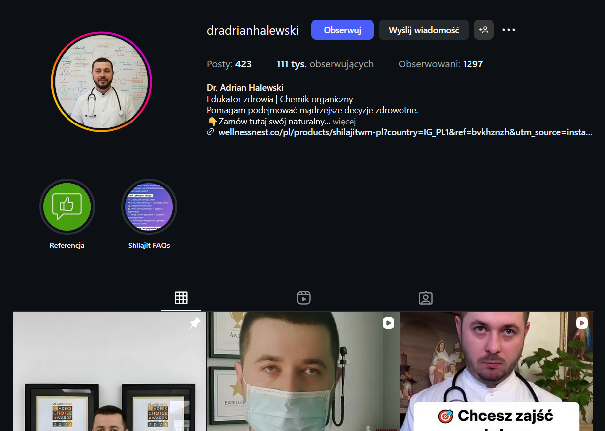 Zrzut ekranu konta na Instagramie, zdjęcie profilowe i liczba obserwujących, częściowe miniaturki filmów z konta