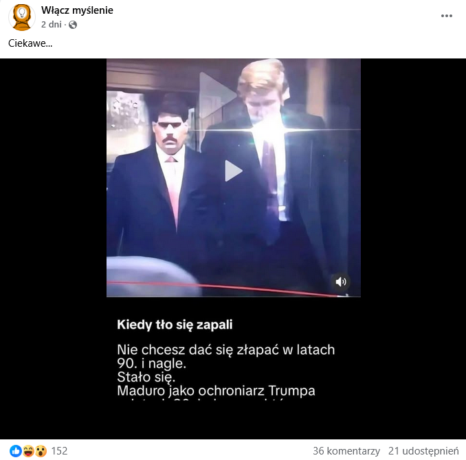 Zrzut ekranu przedstawiający wpis z Facebooka. Na górze podpis i elementy interfejsu platformy, na dole grafika przedstawiająca Donalda Trumpa i mężczyznę z wąsem, na grafice biały napis z czarnym tłem.