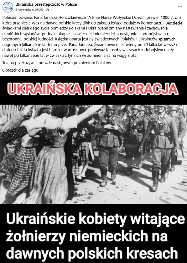 Zrzut ekranu wpisu z Facebooka. Na górze podpis i elementy interfejsu platformy. Na dole grafika składająca się z czerwonych i białych napisów na czarnym tle i czarno białej fotografii przedstawiającej kobiety witające nazistowskich żołnierzy.