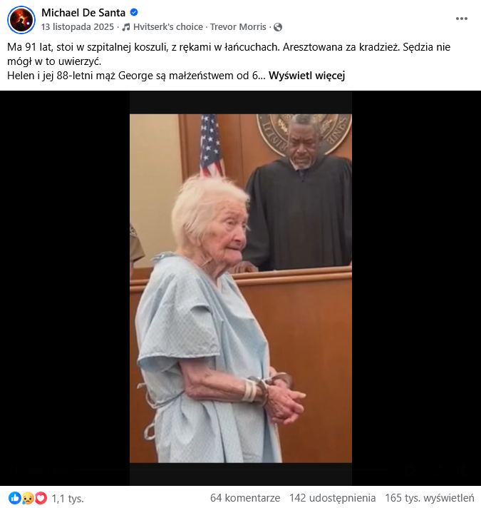Zrzut ekranu wpisu z Facebooka. Na górze podpis i elementy interfejsu platformy. Na dole wygenerowana grafika, przedstawiająca starszą panią w sądzie.