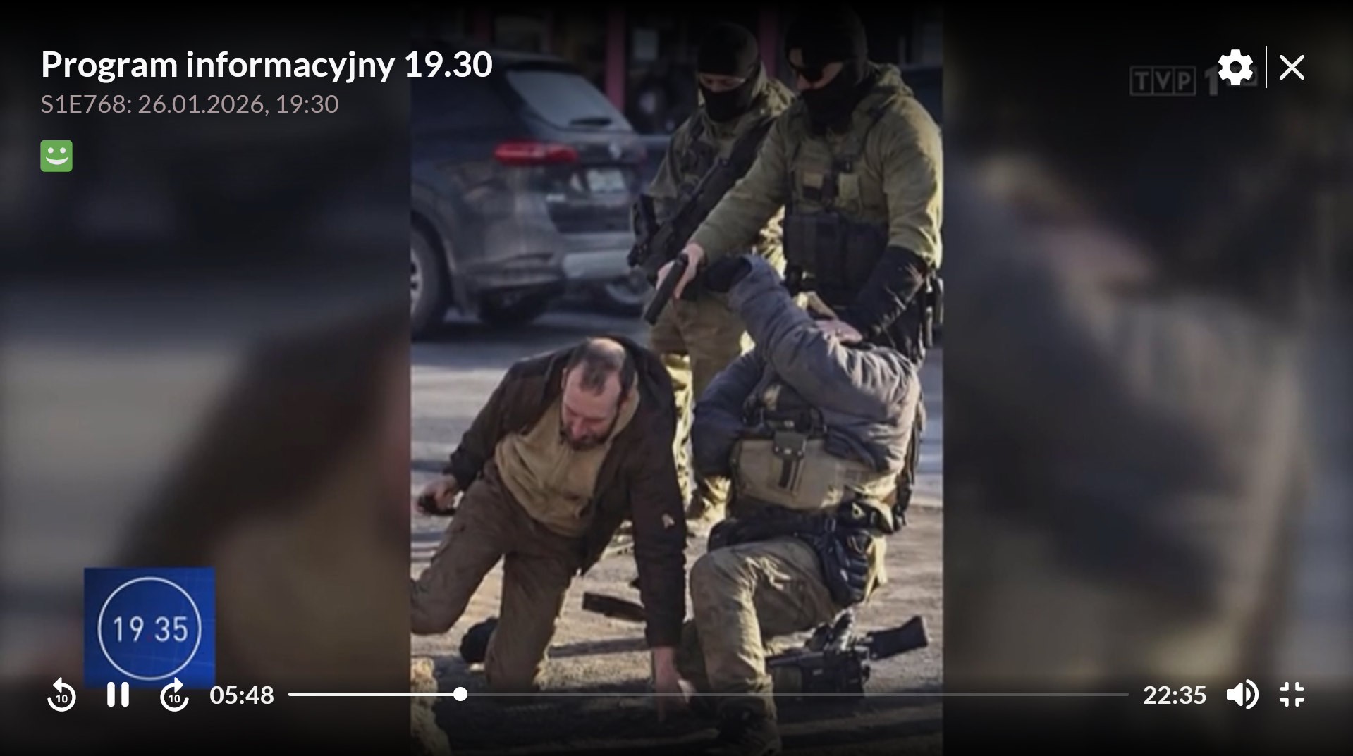 Zrzut ekranu z witryny vod.tvp.pl. Elementy interfejsu platformy, branding programu informacyjnego i wygenerowana grafika.