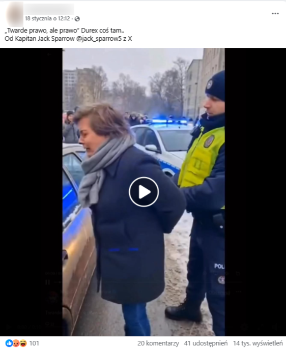 Wpis na Facebooku z nagraniem z rzekomego zatrzymania kobiety, która wjechała do krakowskiej SCT
