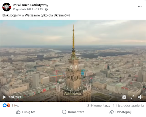 Zrzut ekranu nagrania na Facebooku. W materiale wideo widać ujęcie przedstawiające Pałac Kultury i Nauki w Warszawie. W opisie czytamy: Blok socjalny w Warszawie tylko dla Ukraińców?