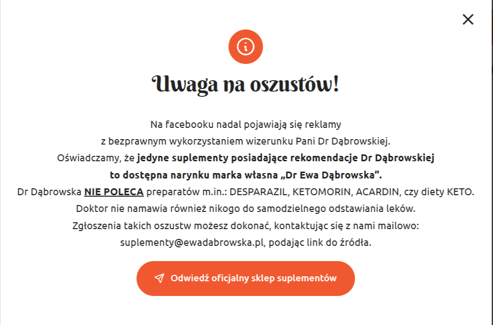 Ostrzeżenie ze stron Dr Dąbrowskiej o podszywaniu się pod nią i promowaniu niesprawdzonych metod.