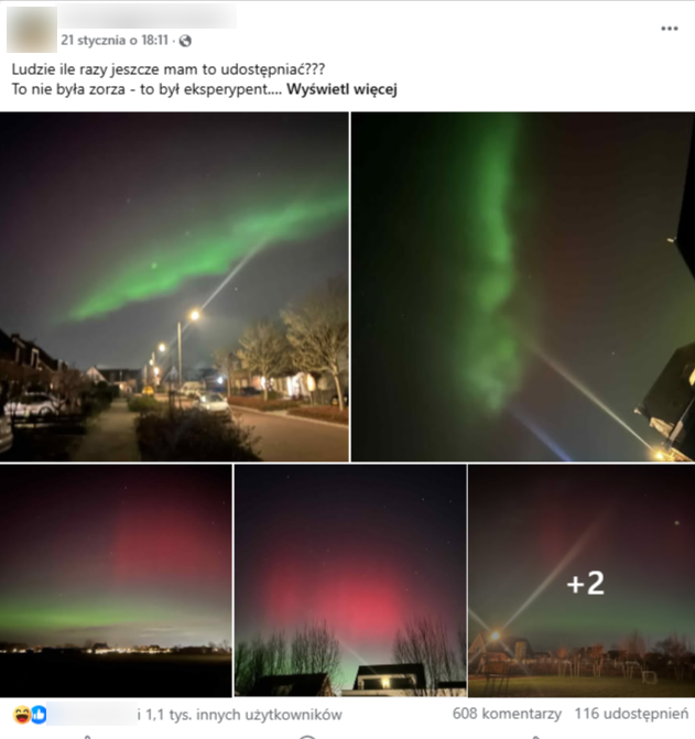 Wpis na Facebooku ze zdjęciami zorzy, zawierający twierdzenia, że był to eksperyment HAARP