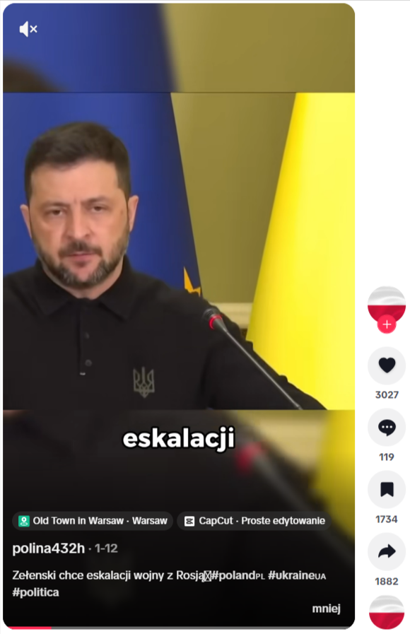Grafika przedstawia screen nagrania, twierdzącego, że Zełenski dąży do eskalacji wojny.