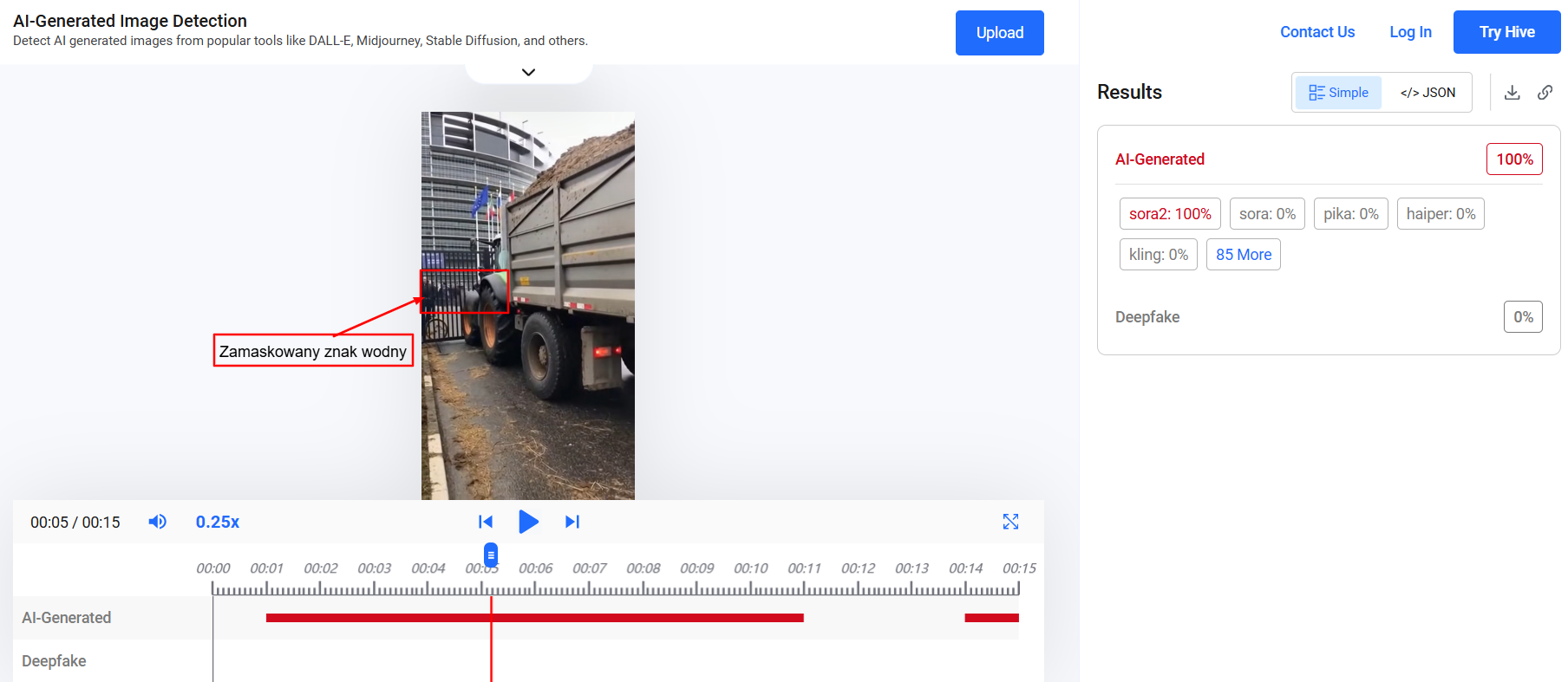 analiza filmiku z ciągnikiem, która wykazała, że został on stworzony przez AI.