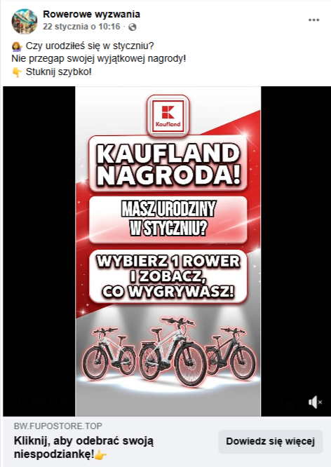 Zrzut ekranu z platformy Facebook, gdzie pojawia się rzekoma promocja na rowery w Kauflandzie. 