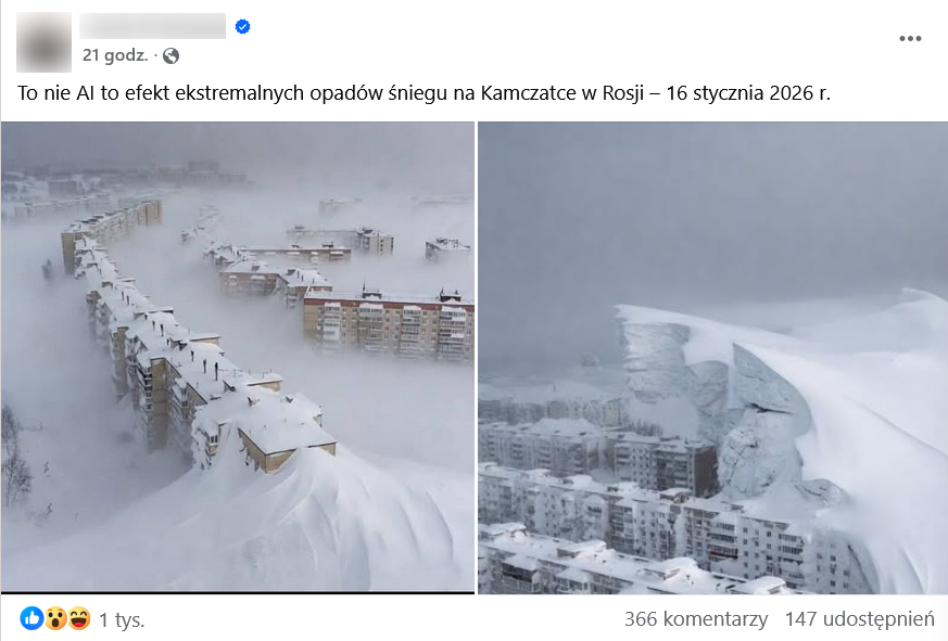 Zrzut ekranu z Facebooka. Na górze podpis i elementy interfejsu platformy, na dole wygenerowane grafiki przedstawiające miasto zasypane śniegiem.