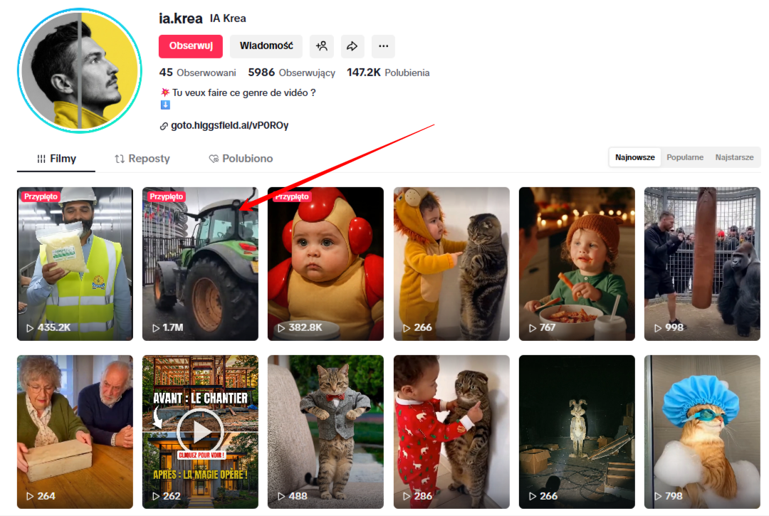 Profil na TikToku publikujacy filmy wygenerowane przez AI.