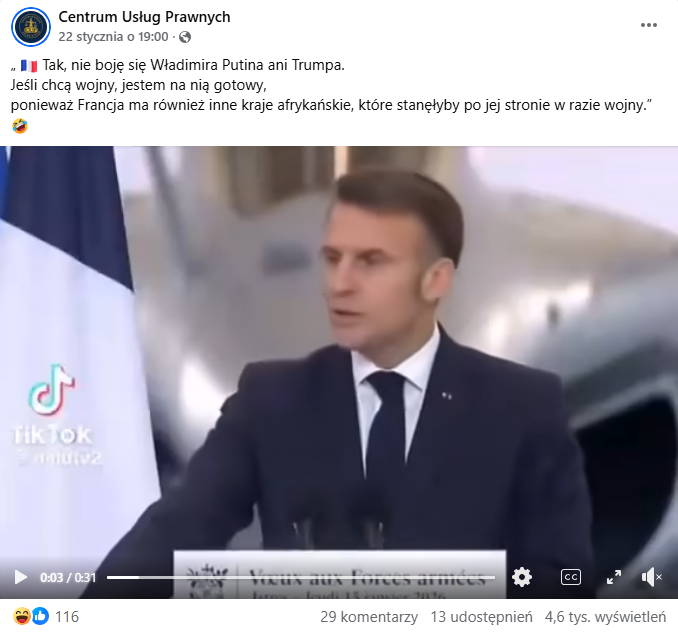 Zrzut ekranu z platformy Facebook, gdzie pojawia się kadr z wystąpienia prezydenta Francji Emmanuela Macrona.