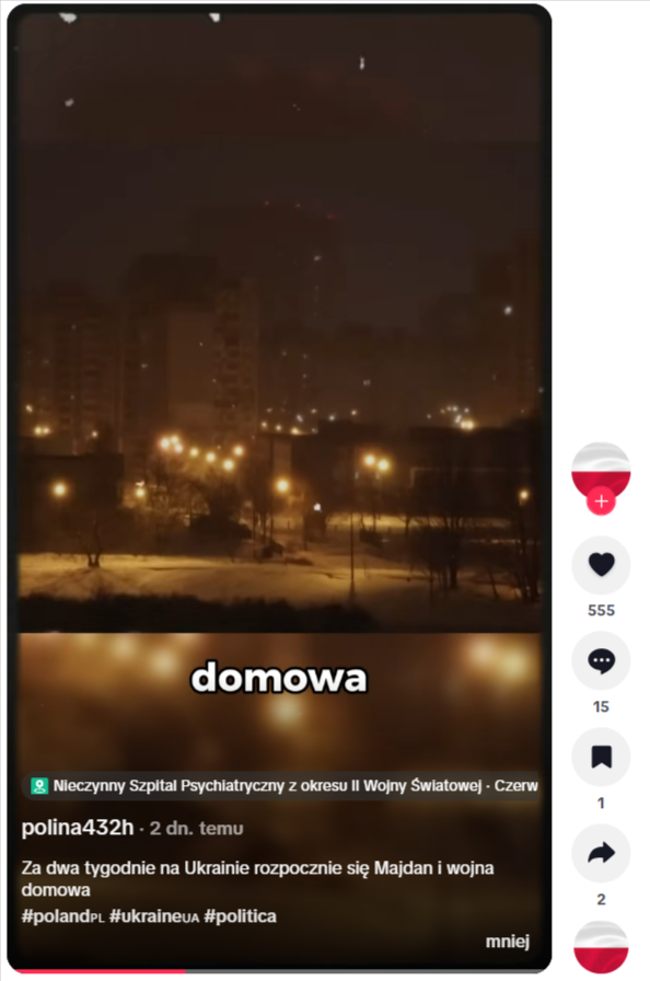 Grafika przedstawia screen nagrania głoszącego, że w Ukrainie rozpocznie się wojna domowa.