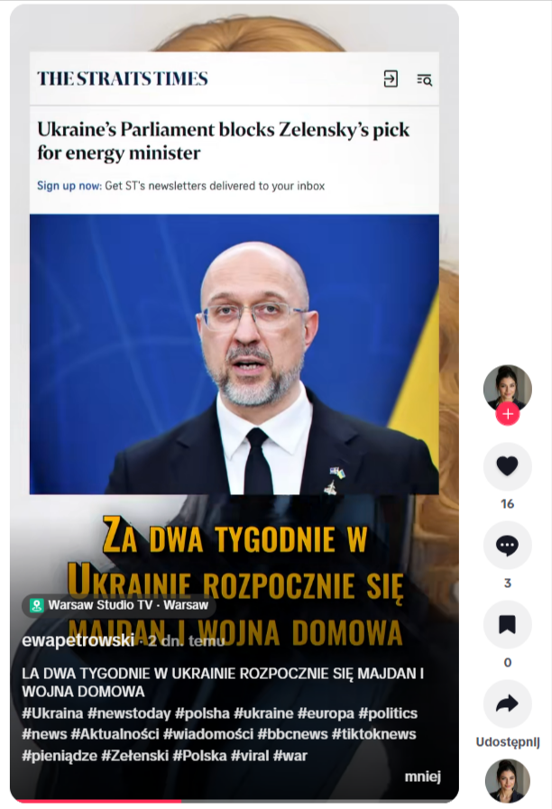 Grafika przedstawia screen nagrania głoszącego, że w Ukrainie rozpocznie się wojna domowa.