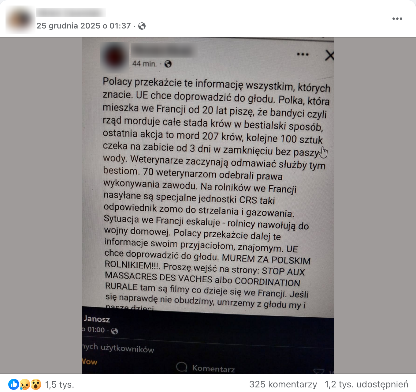 Zrzut ekranu przedstawiający wpis opublikowany na Facebooku. Ilustracją wpisu jest zdjęcie innego posta z Facebooka. 