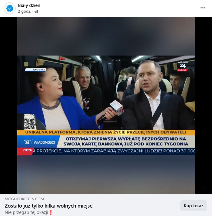 Zrzut ekranu z platformy Facebook, gdzie pojawia się Karol Nawrocki, dziennikarka z mikrofonem, a cała sytuacja wygląda na kadr wycięty z programu telewizyjnego.